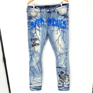 GFTD Men Jeans Distressed Skinny Stretch Blue Painted Embellished Ripped Sz 38